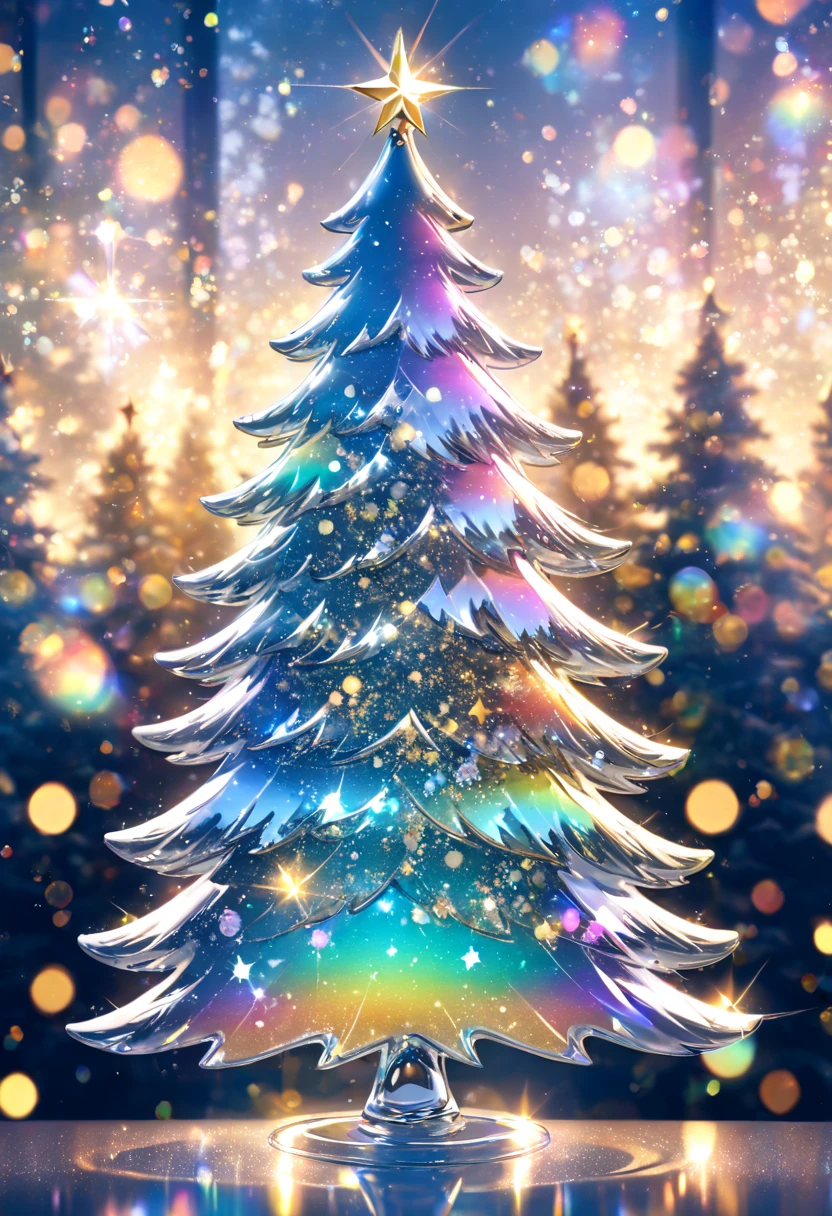 mystical blue crystal christmas tree ,  ornament shines in rainbow colors ,  sparkle of illumination (( Double Exposure:1.5 ,  Blurred Background , Glitter Effect , Silver＆Gold mix effect  , ))