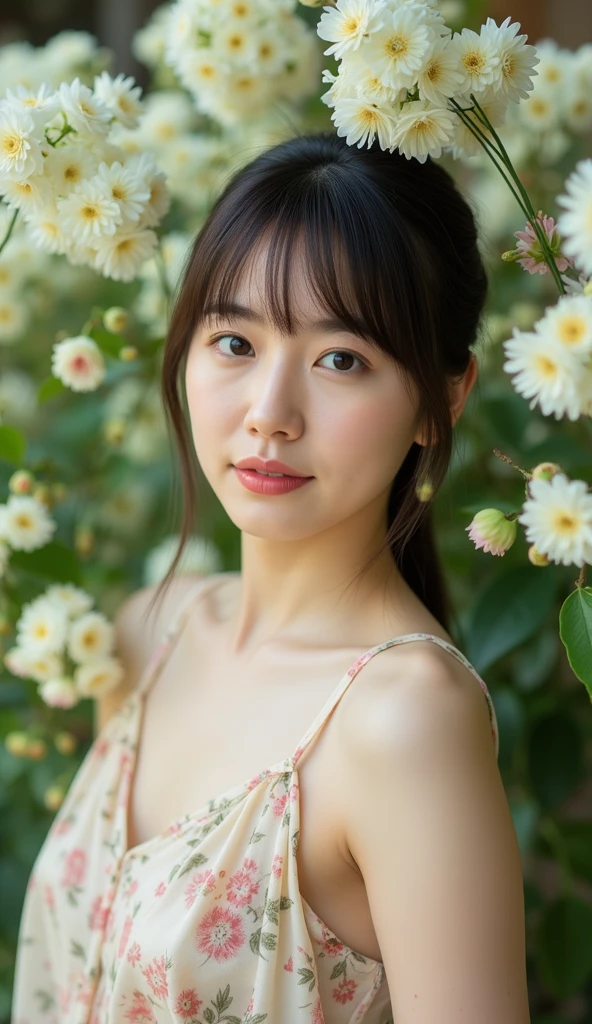 In a lush indoor garden、A Japanese woman is wearing a floral sheer top、 close-up with breasts and soft flowers in the background、 creates harmony between nature and beauty。