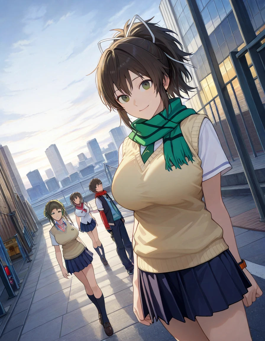 ( Super Realistic Pictures , RAW photos  , realism , 3d rendering ,Unity Engine), 
skAsuka, Asuka, Brown Hair,  green eyes, ribbon, hair ribbon,  ponytail, smile,  Big Breasts ,
 skirt,  school uniform,  ties,  scarf, Short sleeve,  sweater ,  sweater  vest,
 outdoors on the street at night, cityscape,
 Watch Viewers,  Dutch Angle,  cowboy shot 