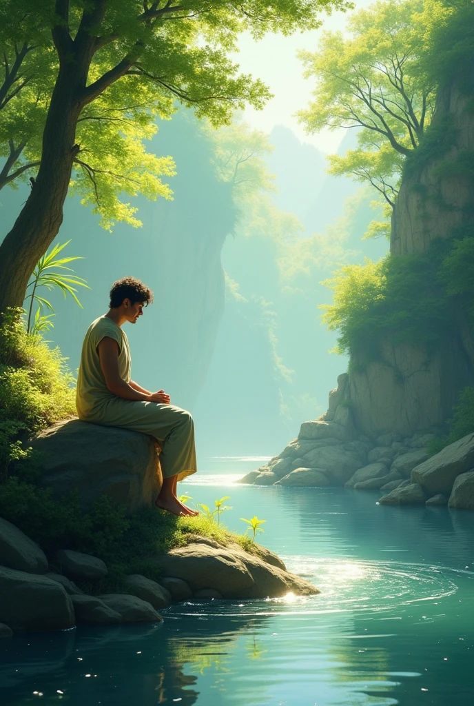 Create an image of a person meditating on a stunning landscape, this art needs to have fantastic lighting
