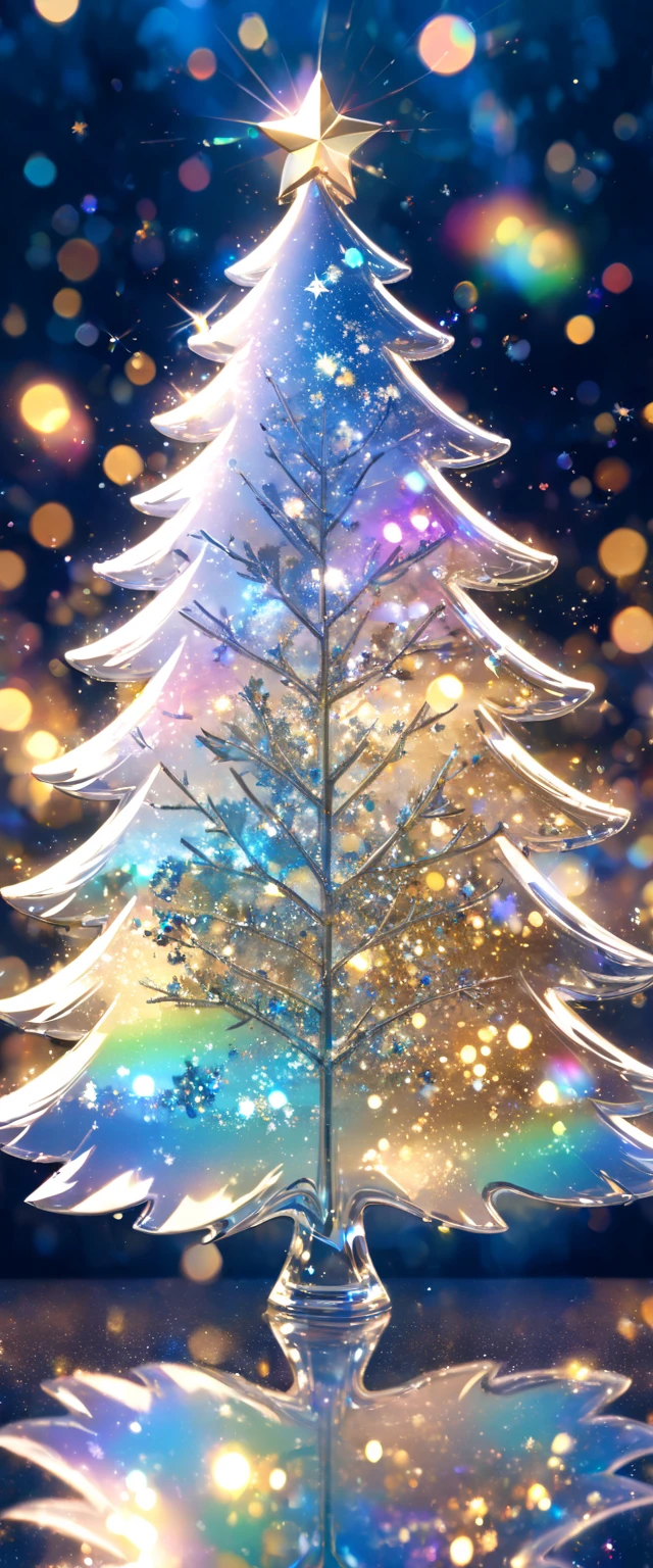 mystical blue crystal christmas tree ,  ornament shines in rainbow colors ,  sparkle of illumination (( Double Exposure:1.5 ,  Blurred Background , Glitter Effect , Silver＆Gold mix effect  , ))