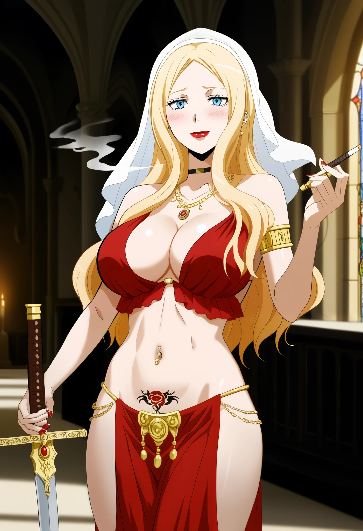 aairina, long hair, parted bangs, blue eyes, choker, red lips, large breasts, ear piercing, long hair, blush, lipstick,Hot girl, baddie, smoking, sensual, attractive, castle,inside castle, masterpiece, best quality, highly detailed ,gold_choker, complex detailed
background,
inside, , holding a sword, sword, belly_chain,harem_outfit,navel, necklace,
pelvic_curtain,revealing_clothes, veil，masterpiece,best quality,1girl,mature,evil smile, smile,
female,mature,necklace,pendant, (nsfw) not safe for work, exposed belly, exposed navel, exposed
midriff, exposed lower belly, navel piercing, tattoo on body, dragon tattoo, tattoo midriff, rose tattoo,, 