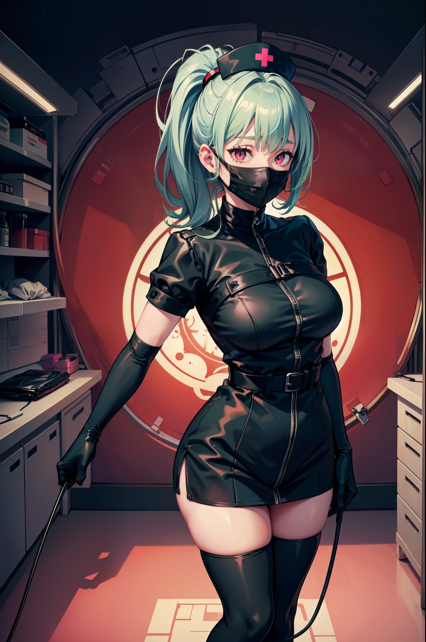 black nurse, 1woman, solo, black nurse cap, black nurse uniform, ((black legwear, zettai ryouiki)), black elbow gloves, forehead, long hair, green hair, pink eyes, ((black surgical mask, covered nose)), standing, ((surgery room)), sharp outline, short sleeves, mature female, 35yo, best quality, masterpiece