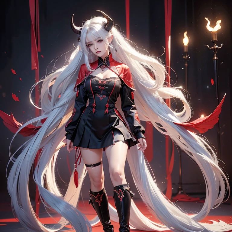 ((best quality)), ((masterpiece)), ((Super detailed)) ((Ultra High detail)) Realistic beautiful girl, white hair, red eyes, Black lace bra, Short black lace skirt, thigh highs, high heels, lightning background.
