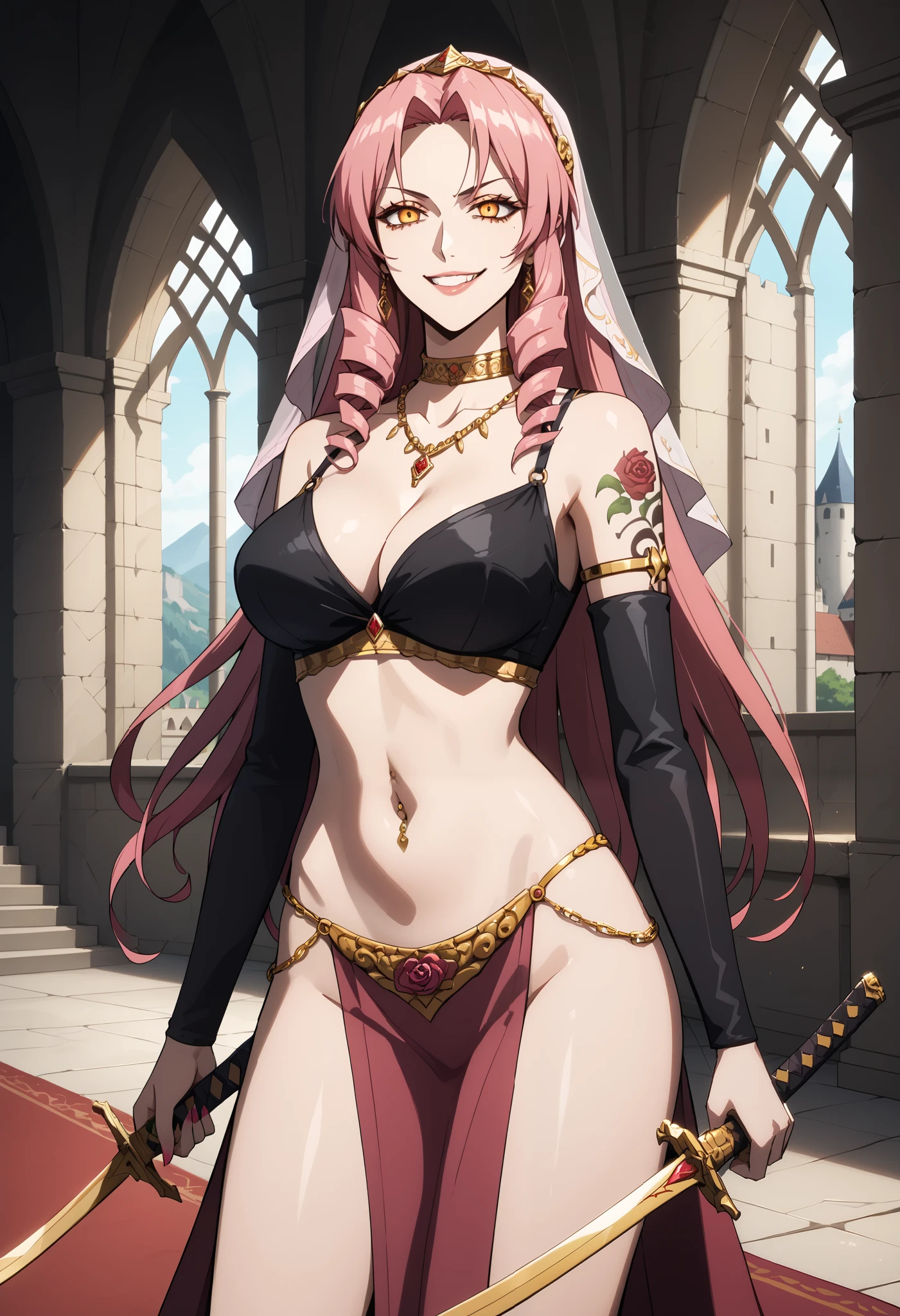 1girl, solo,
score_6, score_7, score_8, score_9,
 pink hair, long hair, drill hair, orange_eyes, yellow_eyes, midriff, navel, cleavage, smirk, FullyExposedStomach, midriff, navel,
(toned_body:0.8),  castle,inside castle, masterpiece, best quality, highly detailed ,gold_choker, complex detailed
background,
inside, , holding a sword, sword, belly_chain,harem_outfit,navel, necklace,
pelvic_curtain,revealing_clothes, veil，masterpiece,best quality,1girl,mature,evil smile, smile,
female,mature,necklace,pendant, (nsfw) not safe for work, exposed belly, exposed navel, exposed
midriff, exposed lower belly, navel piercing, tattoo on body, dragon tattoo, tattoo midriff, rose tattoo,, dual wielding, , 