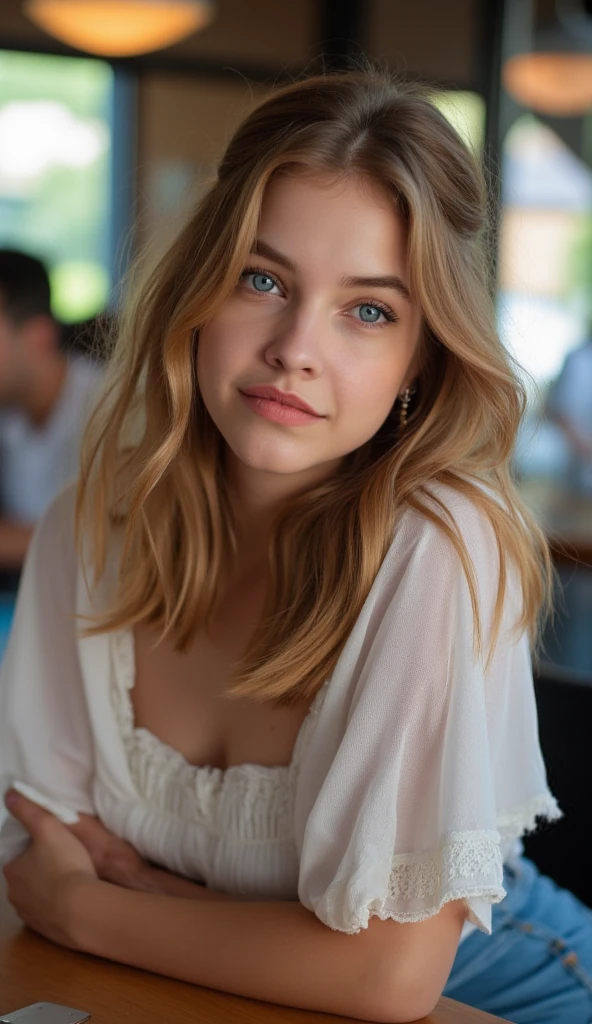 dynamic angles,photoshoot poses,The image is a close-up portrait of a young woman with blonde hair and blue eyes. she is sitting at a table in a restaurant or cafe, with a blurred background of other people and tables. She is wearing white frilly shirt and blue jeans, and is looking directly at the camera with a slight smile on his face. The lighting is soft and warm, creating a cozy atmosphere. The overall mood of the image is happy and relaxed.RAW candid cinema, 16mm, color graded portra 400 film, remarkable color, ultra realistic, textured skin, remarkable detailed pupils, realistic dull skin noise, visible skin detail, skin fuzz, dry skin, shot with cinematic camera, detailed skin texture, (blush:0.2), (goosebumps:0.3), subsurface scattering, beautiful photograph in the style of Augustus John, Sergio Toppi, Virginia Frances Sterrett, 8k HD, detailed skin texture, ultra realistic, textured skin, analog raw photo, cinematic grain, whimsical