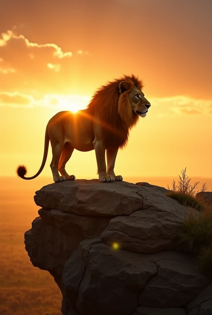 "A powerful and motivational wallpaper featuring a majestic lion standing atop a rocky cliff at sunrise. The lion's golden mane glows in the sunlight, symbolizing strength, courage, and resilience. The background showcases a vast savanna with a warm, golden sky, evoking a sense of freedom and possibility. The composition focuses entirely on the lion and the natural scenery, creating an inspiring and visually stunning image without any text or typography."