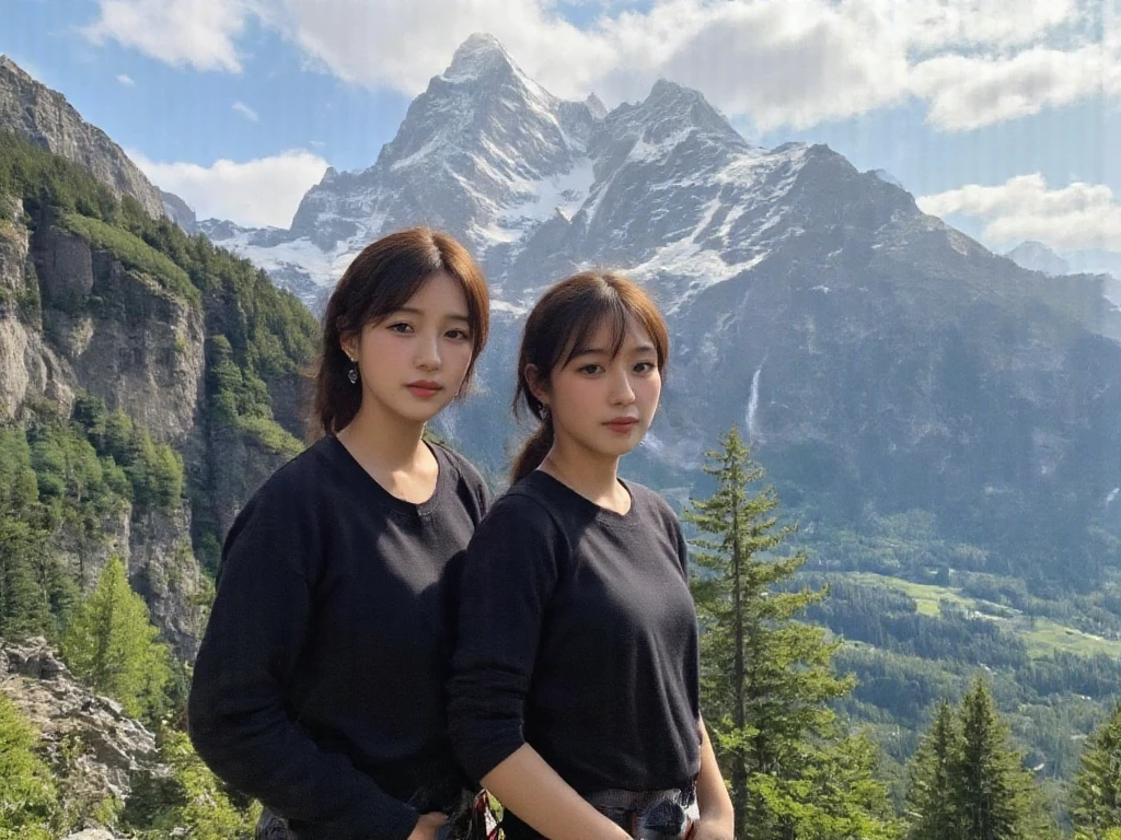 Women enjoying mountain climbing against the backdrop of magnificent nature, earrings