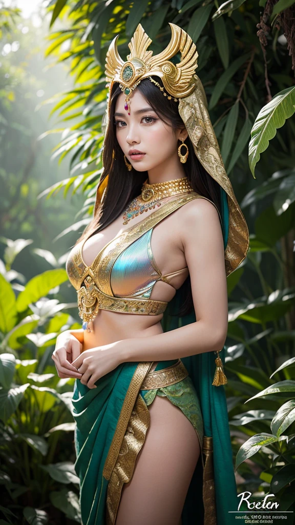 forest, bellydancer, mongolian, hijabi, cleavage, reflection light, chiaroscuro, depth of field, cinematic lighting, ray tracing, Sony FE GM, UHD, super detail, masterpiece, textured skin, high details, best quality, award winning,3D,hdr(HighDynamicRange),Ray traching,NVIDIA RTX,Hyper-Resolution,Unreal 5,Subsurface scattering、PBR Texture、post-proces、Anisotropy Filtering、depth of fields、maximum definition and sharpness、Many-Layer Textures、Albedo e mapas Speculares、Surface coloring、Accurate simulation octane rendering of light-material interactions、Two-colored light、largeaperture、Low ISO、White balance、the rule of thirds、8K raw data