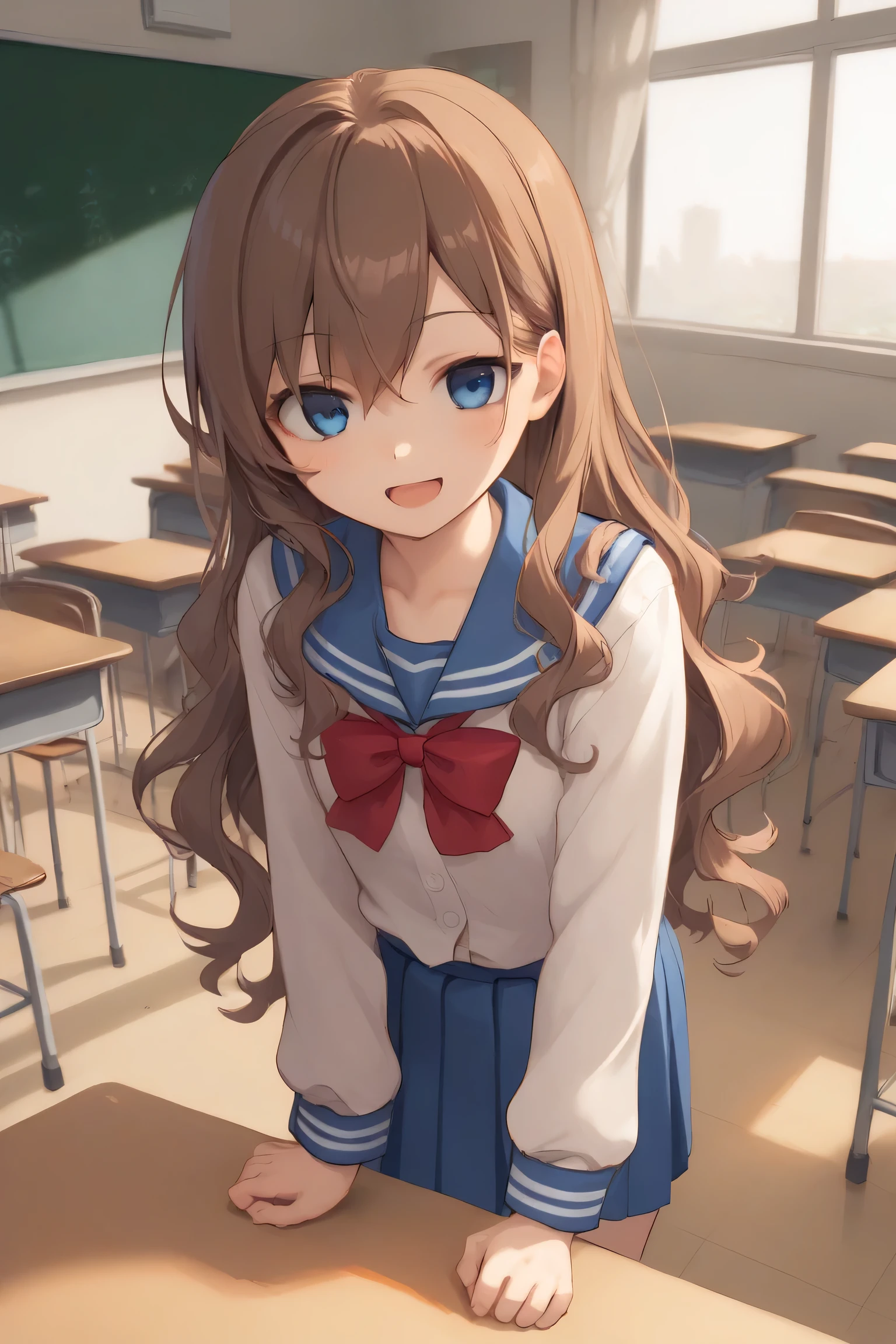 score_9, score_8_up, score_7_up, source_anime,
aishindou, ai shindou, long hair, blue eyes, brown hair, wavy hair,
skirt, long sleeves, school uniform, pleated skirt, sailor collar,
indoors, classroom, bent over, smile,
looking at viewer, cowboy shot, dutch angle, solo,