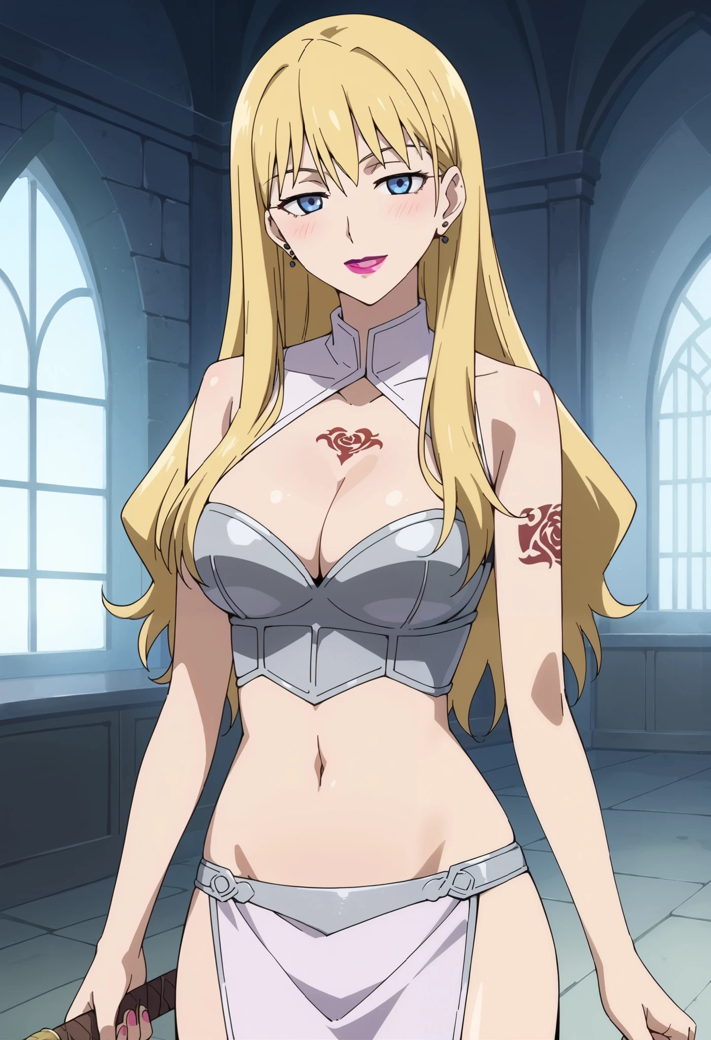 score_9,score_8_up,score_7_up,score_6_up,score_5_up,score_4_up,anime coloring,source_anime,brita,1girl,solo,blue eyes,blonde hair,long hair,lipstick, ear piercing, long hair, blush, lipstick,Hot girl, baddie, smoking, sensual, attractive,masterpiece, best quality, highly detailed, fantasy , a anime girls in armored dress holding a sword
posing for a picture, evil smile, smile, open mouth, breastplate with open cleavage, cleavage, warrior
outfit, ecchi anime style, anime girls, ecchi style, (nsfw) not safe for work, ecchi, digital anime art!!, in
anime style, official artwork, visual novel cg, beautiful anime girl, anime style 4 k , loincloth, exposed
belly, exposed navel, exposed midriff, exposed lower belly, pencil skirt armored, castle,inside castle, tattoo on body, dragon tattoo, tattoo midriff, rose tattoo,, 