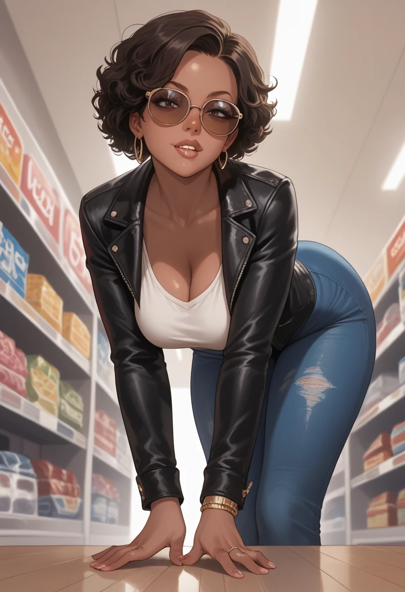 Almond-eyed Dark Mocha-skin tonned African-American woman with Short dark curly hair, juicy lips, a large chest, thick thighs, Perfect hands, and perfect feet . She is at a shoe store. She is wearing sunglasses, a leather jacket, . looking down biting her bottom lip.  She is bent over looking over her glasses her Breast n face  in the Foreground. Below view. 