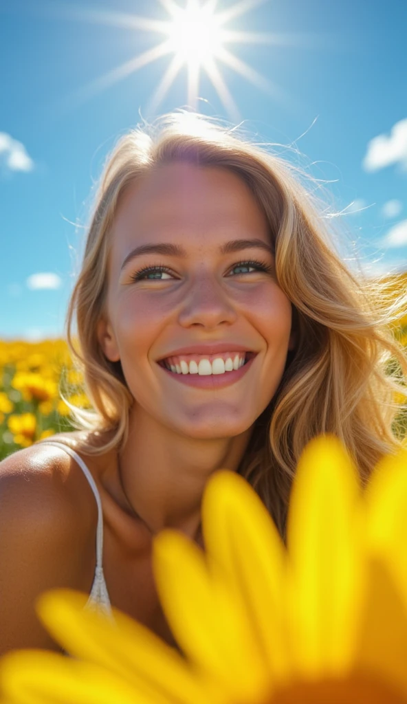 photo of woman,realistic,professional photography, (Facial closeup, Close up on the face to capture the natural smile and the lively expression in the eyes:1.2),Sunny Day in a Flower Field,The sun shines brightly in a clear blue sky, dotted with a few white clouds. Vibrant-colored flowers, like yellows and