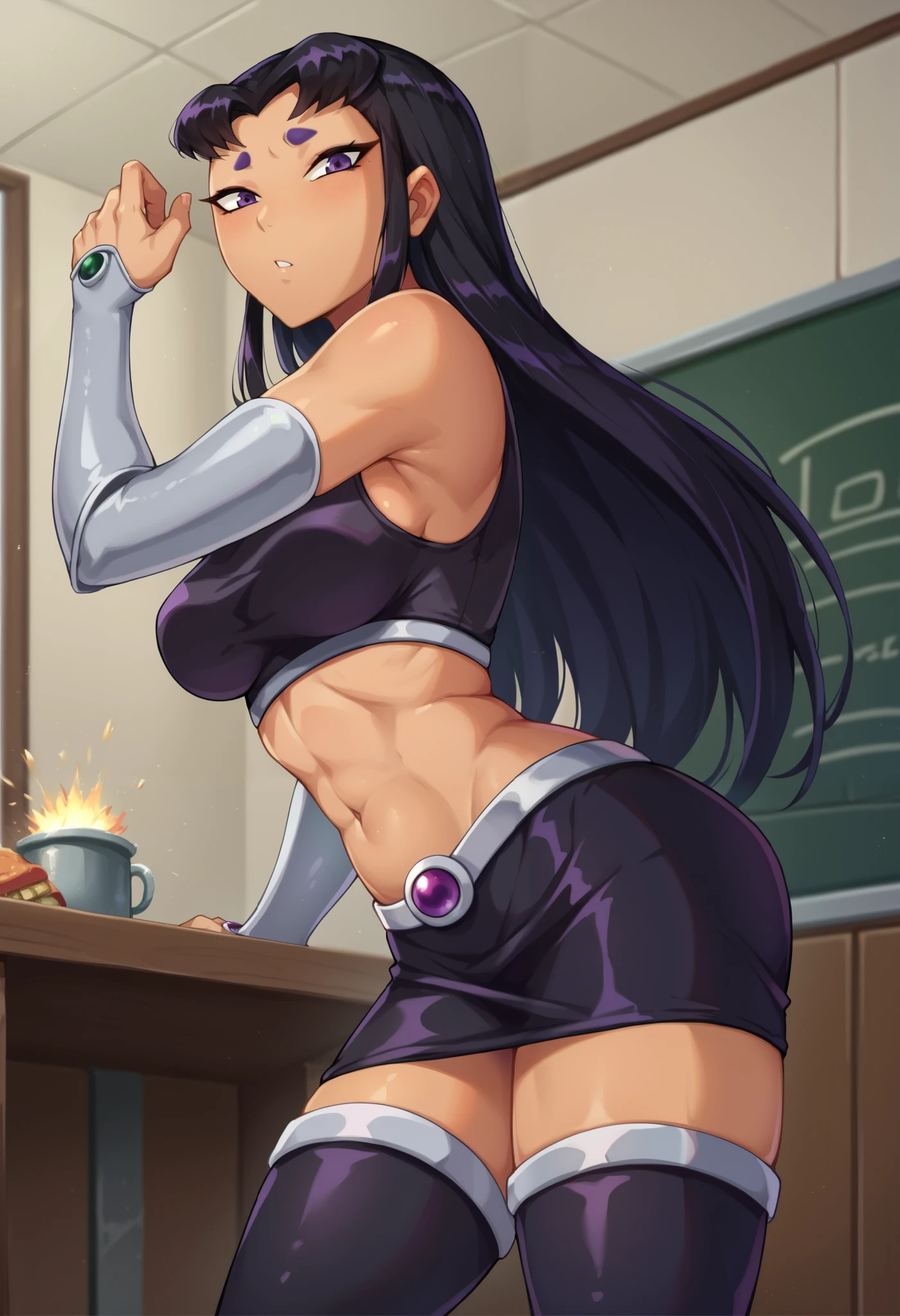 score_9,score_8_up,score_7_up BREAK Blackfirev2,1girl,solo,long hair,black hair,dark violet eyes,dark skin,dark skin,thick eyebrows,thigh boots,black crop top,black skirt,black thighhighs,vambraces,room,room background,cowboy shot,looking at viewer,naughty face,from side The gut gusher explosion at gut gushers restaurant