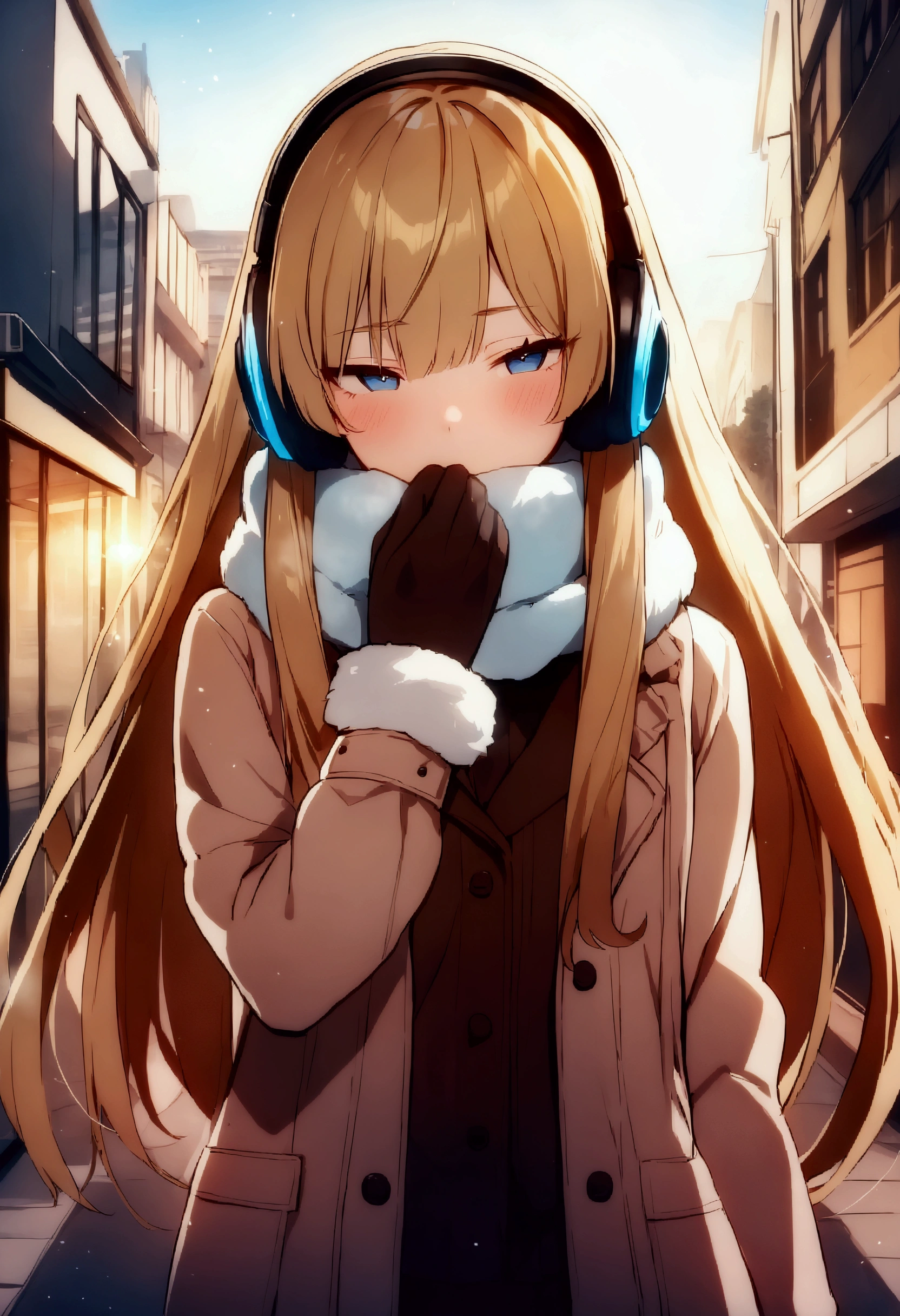 (masterpiece),(absurdres),(anime)、(solo lady),(23-year-old),(dark blonde hair:1.2),(straight long hair:1.1),(()),shiny blue eyes,(()),(flat chest),half-closed eyes,(muffler covering mouth:1.1), wrap a scarf around your neck,{Skull design headphones },Wear fur gloves ,white breathing, Diamond Dust , urban city background with the morning sun shining in、 winter casual fashion、