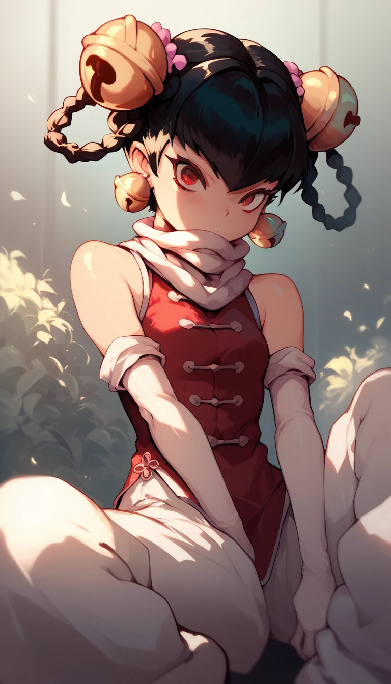 opmll, black hair, short hair, hair rings, twin braids, red eyes、
hair bell, earrings, white scarf, chinese clothes, red shirt, sleeveless, elbow gloves, white pants, baggy pants、atahuta、