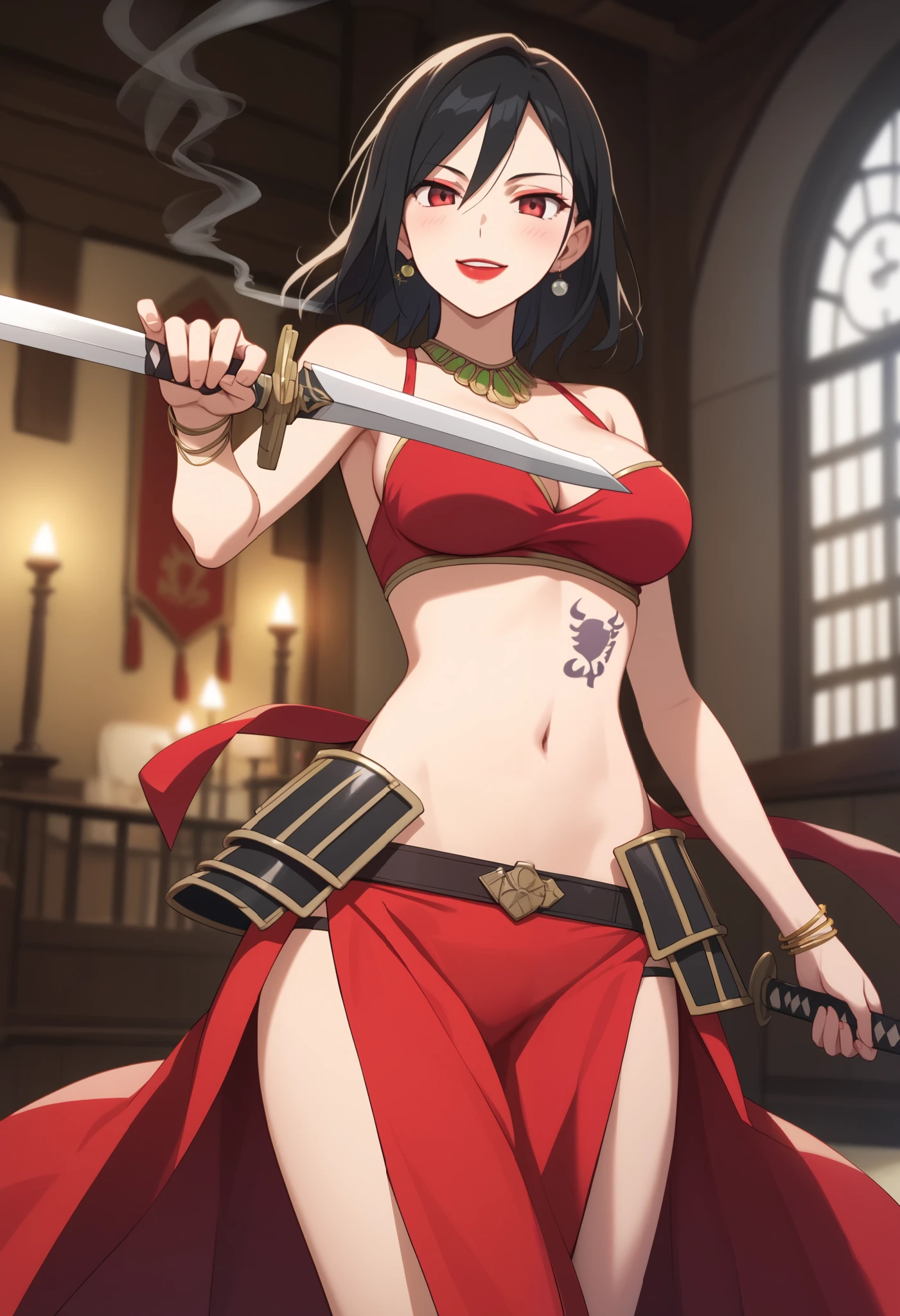 dtbshaozi, best quality, masterpiece, uncensored,1girl, solo,tsurime,black hair,stomach tattoo, midriff, medium hair, large breasts, navel, earrings,  medium breasts, bracelet, red eyes, necklace, makeup,lipstick,  dual wielding, , ear piercing, long hair, blush, lipstick,Hot girl, baddie, smoking, sensual, attractive ,masterpiece, best quality, highly detailed, fantasy , a anime girls in armored dress holding a sword
posing for a picture, evil smile, smile, open mouth, breastplate with open cleavage, cleavage, warrior
outfit, ecchi anime style, anime girls, ecchi style, (nsfw) not safe for work, ecchi, digital anime art!!, in
anime style, official artwork, visual novel cg, beautiful anime girl, anime style 4 k , loincloth, exposed
belly, exposed navel, exposed midriff, exposed lower belly, pencil skirt armored, castle,inside castle, tattoo on body, dragon tattoo, tattoo midriff, 