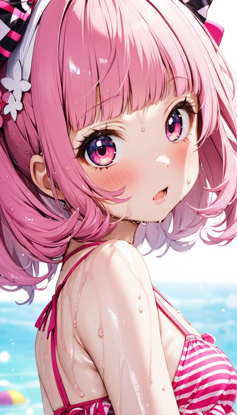pink hair black glasses pink eyes extremely blushing she has very small breasts she wears a bikini she is a reserved girl who is in the sea