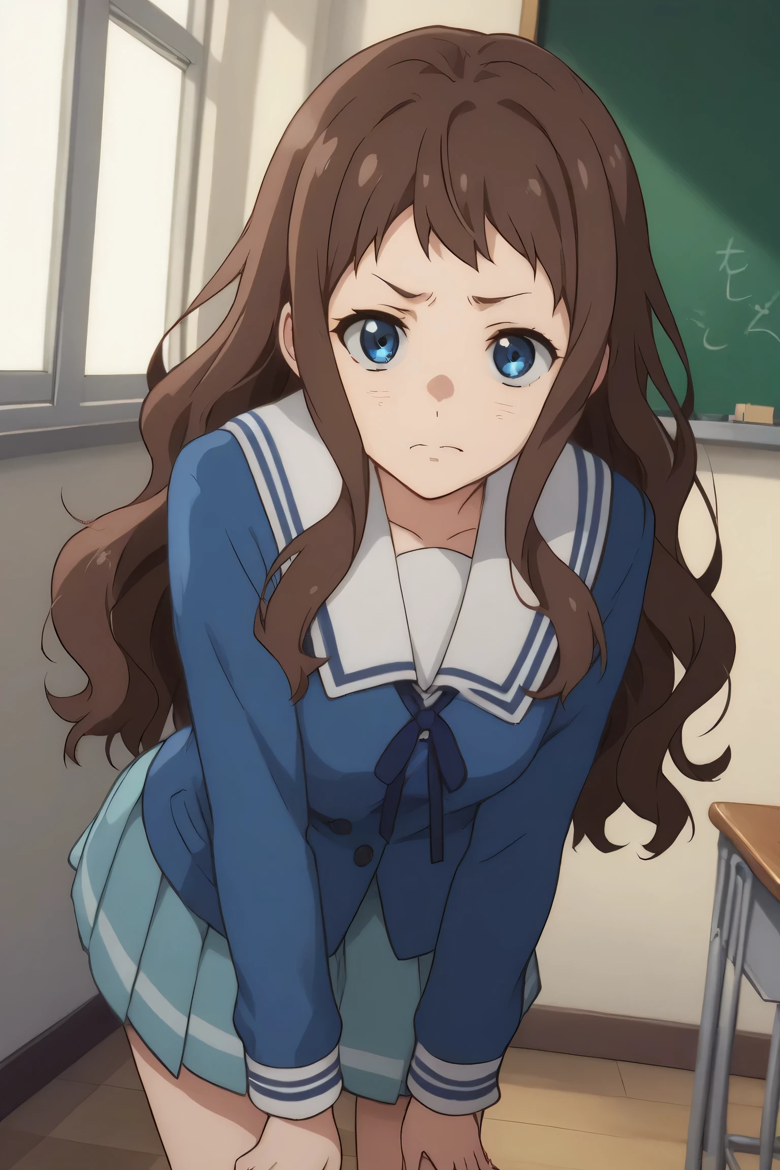 score_9, score_8_up, score_7_up, source_anime,
aishindou, ai shindou, long hair, blue eyes, brown hair, wavy hair,
skirt, long sleeves, school uniform, pleated skirt, sailor collar,
indoors, classroom, bent over, disgust face,
looking at viewer, cowboy shot, dutch angle, solo,