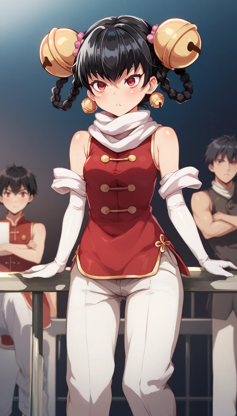 にやにや、NSFW,opmll, black hair, short hair, hair rings, twin braids, red eyes、
hair bell, earrings, white scarf, chinese clothes, red shirt, sleeveless, elbow gloves, white pants, baggy pants、atahuta、