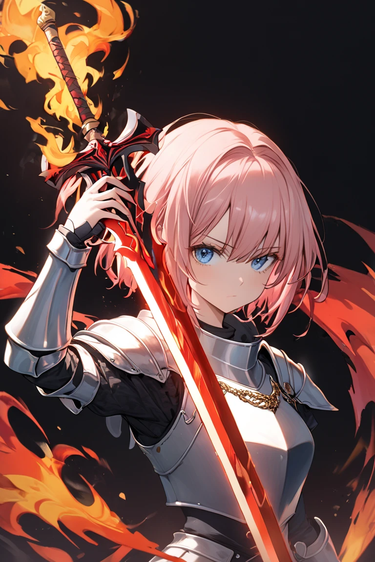 1lady,(((pink short hair,blue eyes))),solo,cool,
knight,holding a sword,fantastic, look suspicious,
(((black and red aura))),
((flame sword)),shadow,black background,fire,flame,blaze,