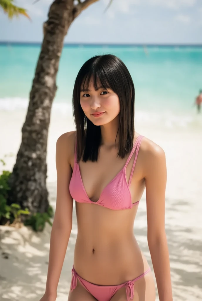  boobs，Completely naked，Nipples，naked，naked， She has a body like a bomb 、Standing in a bikini swimsuit ,    poses as a fashion model but turns pale, (  beach  ),   beautiful details  ,  face ,Take off your pink swimsuit，お尻を向けたポーズ
