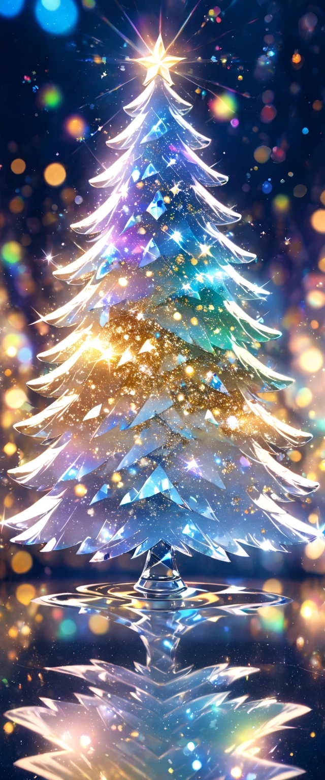 mystical blue crystal christmas tree ,  ornament shines in rainbow colors ,  sparkle of illumination (( Double Exposure:1.5 ,  Blurred Background , Glitter Effect , Silver＆Gold mix effect  , ))