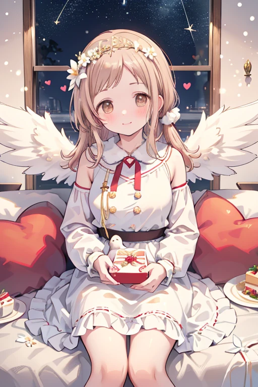 Sakuragi Mano, ((Mega Breasts)),　　(((Starry Sky))), Absolute territory,　　smile, 　((Midnight)), Fluffy,　(Healing), Frills, ((a little white pigeon)), ((feathers)),　brooch, medium hair, best quality, masterpiece, blush, pigeon's blood ruby accessory, light brown hair, 　outside curling hairstyle, side fringe, (forehead : 1.28), left-right symmetry fashion,　Xmas, ((Xmas tree in the room)), ((((white shift dress)))), completely white fashion, ((angel)),　long sleeves, winter, ((((snow)))), light brown hair, light brown eyes, 　living room, Xmas party, present box under Xmas tree, (cake on the dish), sitting on the sofa, eating a piece of cake, quilted skirt, stuffed bird toy, (((white flower crown))),　(white wrist scrunchie), (white ankle scrunchie), ((white wings)), (((spoken heart))), having dish,