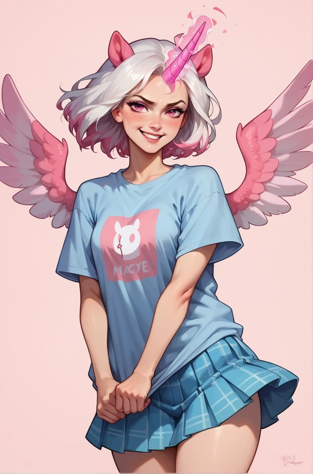 score_9, score_8_up, score_7_up, cartoon of a girl, solo, smirk, mouth closed, intense gaze, pink eyes, white hair, straight hair, oversized tshirt, blue plaid pleated skirt, pink horn like a unicorn, glowing horn, little wings, small breast, thighs, floating, creating a powerful visual impact, pink background