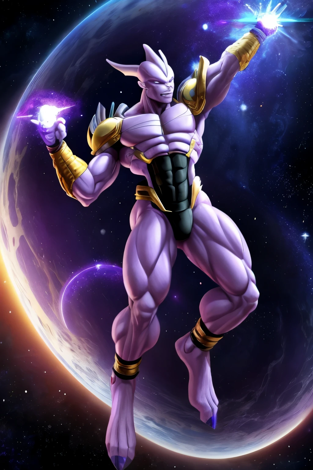 (​masterpiece、top-quality、top-quality、Official Art)、(1boy)、ighly detailed、highestdetailed、A very complex universe、cosmic background、looking at the viewers、frombelow、a closeup、逼真:1.2、Frieza、clenched hand、red eyes、male focus、tailed、Energy Ball、ruins、Planetary explosion、fistfight、violence、fight