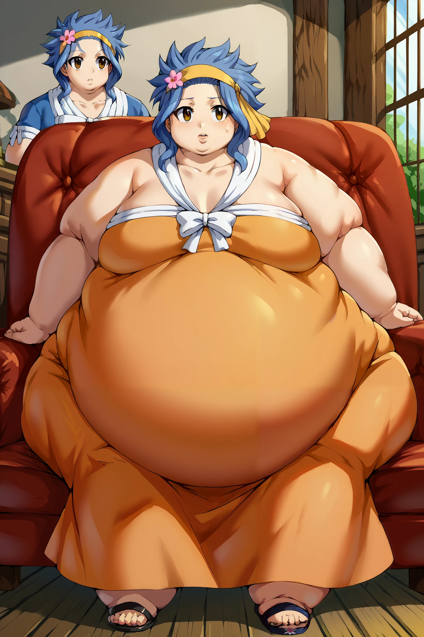 Girl becoming a monster, becoming a troll, fat, chubby, obese, levy mcgarden, brown eyes, blue hair, short hair, sidelocks,
hair ornament, dress, bare shoulders, collarbone, flower, hair flower, headband, big ears, big nose, big lips, 900 pounds, 10 ft tall, hunchback, broad shoulders, big belly, house, sitting on couch 