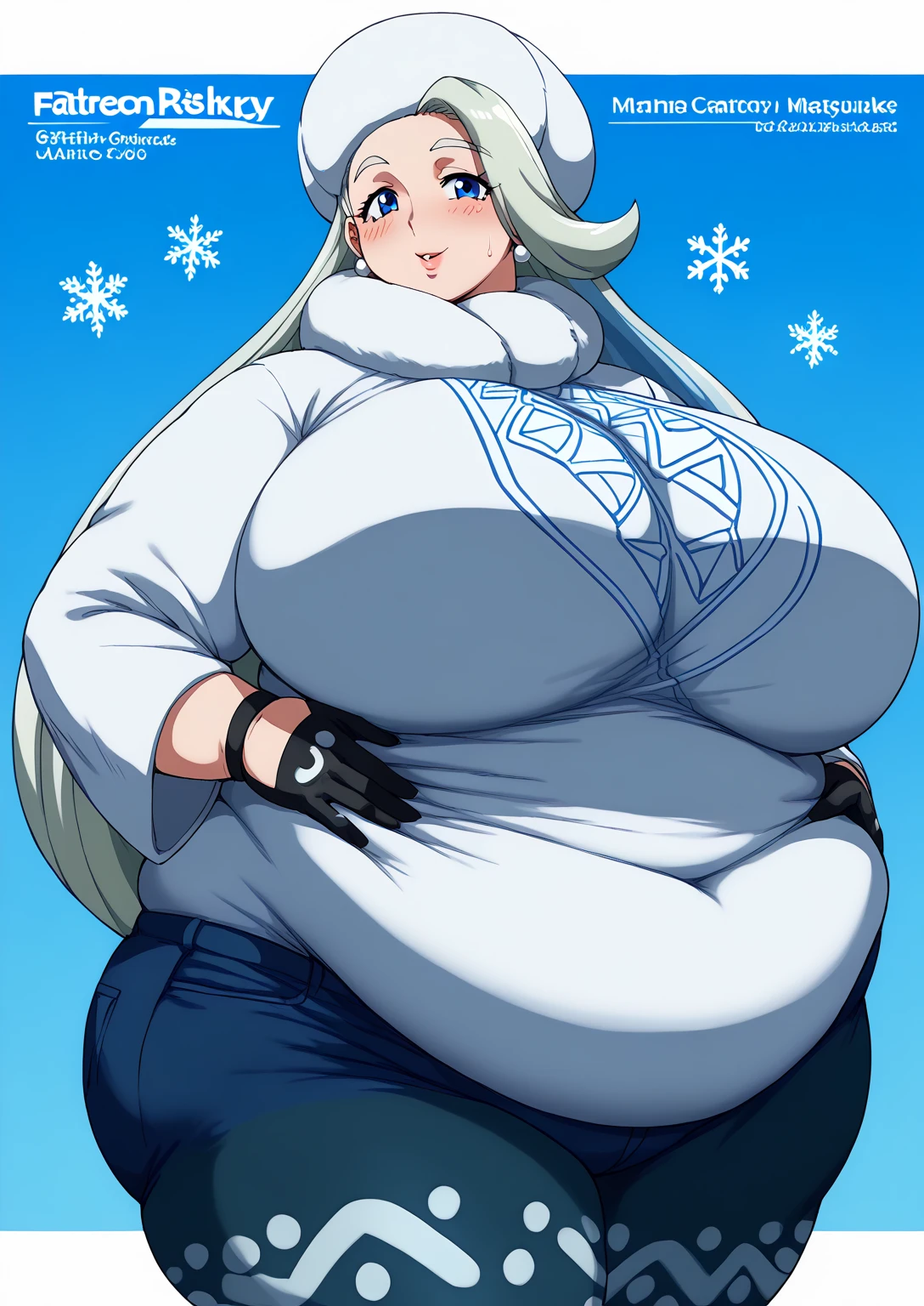 melon, melony,  blue eyes,  eyelash ,  long hair,  multi-colored hair ,  striped hair,  gray hair, earrings for women with first name,  gloves,  has , gem,  Long Sleeve ,  pantyhose,  pantyhose under  shorts,  scarf,  shorts, シングル gloves,  Snowflakes ,  sweater ,  white headwear , white  scarf, white  sweater , score_9,   score_8_ up,   score_7_ up,   score_6_ up,   score_5_ up,   score_4_ up,     masterpiece   ,   top quality,     very aesthetic  ,    absurd,    source_Anime, Anime screencap,    one woman , Alone,   personal   ,  Super huge breasts, (((S uper huge クレビス, Super huge , Super huge boob))), Curvy,   in her 20s,  Mature Woman,   obese , ,  troubled expression, ssbbw,  embarrassed expression,  Sweaty woman, My weight stinks ,  stinks 