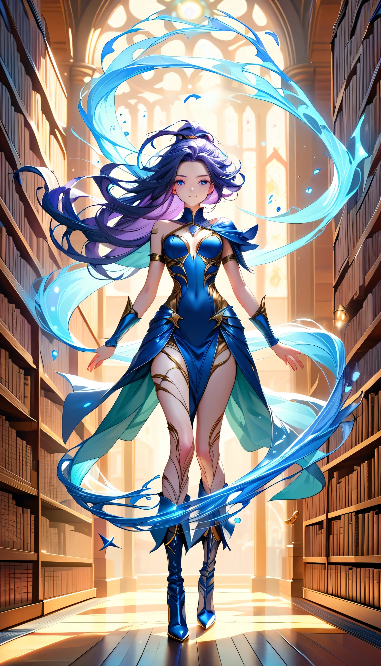 picture of a sorceress casting a spell in magical library, exquisite beautiful woman, dynamic hair color, dynamic hair style, ((full body shot: 1.5)), ((anatomically correct: 1.5)), (ultra detailed face: 1.2), best detailed face, high details, best quality, 16k, ((blue dress: 1.2), (white cloak: 1.3), high heeled boots (ultra details, Masterpiece, best quality) masterpiece, best quality, (extremely detailed), full body, ultra wide shot, (ultra details, Masterpiece, best quality), fantasy art, dnd art, fantasy art, realistic art, (ultra details, Masterpiece, best quality), (ultra details, Masterpiece, best quality), FairyTaleAI, DonMM4g1cXL