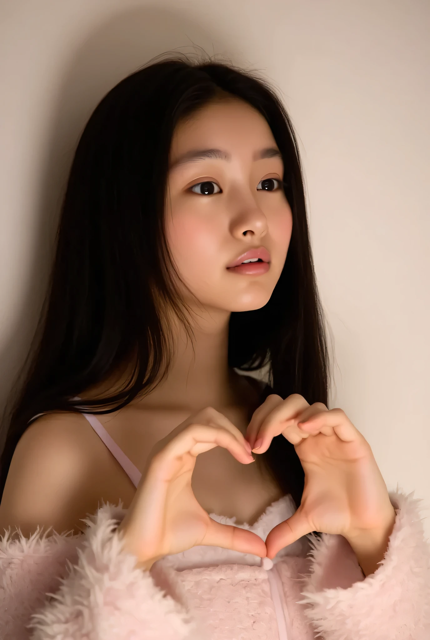female 1 person、{{I'm wearing cute heart underwear}}。, fluffy off-shoulder pajamas, make a big heart with both hands , Hold it in front of your chest , Look above your neck 、 {{ monotone background}} 、