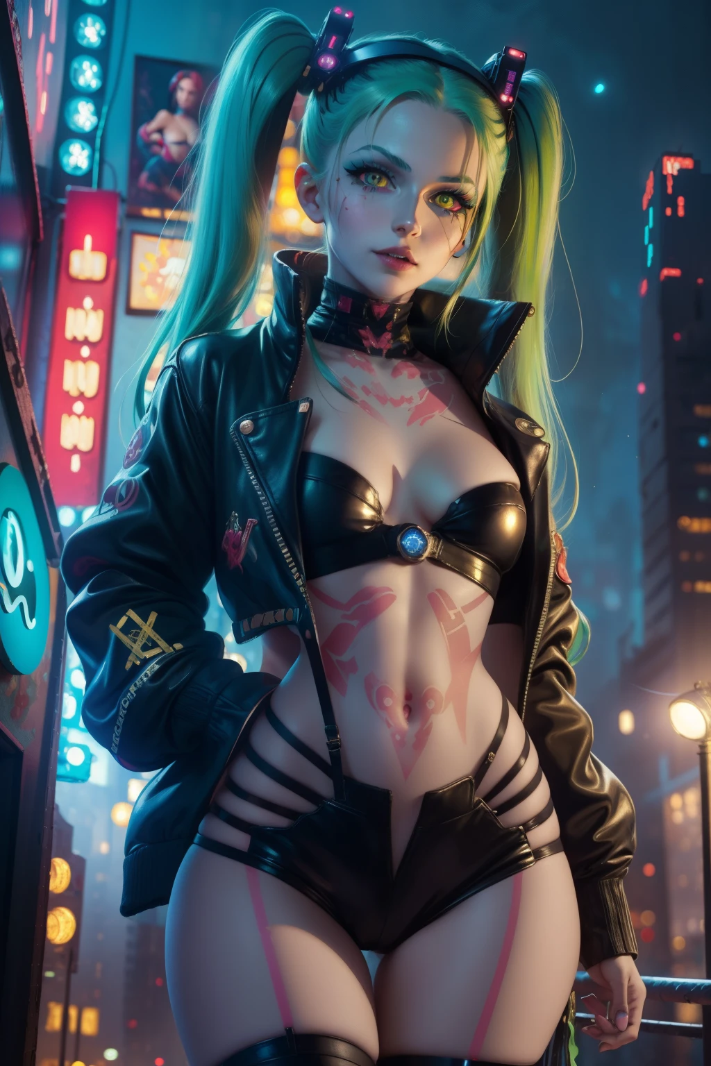 Rebecca, 1girl, young girl, 18 years old , futuristic cyberpunk, lewd grin, (twin tail, hairband, colored sclera, red sclera, green hair, green pupils, fang, red eyes, wearing a little sexy clothes, black croped jacket ), ((skinny body)) , cinematic, ultra highly detailed, beautiful details, vivid, saturated colors, filigree detailed, tiny details, pop surrealism, cowboy shot. hyper-realistic style, highly detailed textures, reflective and glossy surfaces, cinematic lighting, neon lights reflecting off her skin, urban cyberpunk cityscape in the background, (vivid colors), (high contrast), (sharp focus), (bokeh effect in the background), (moody atmosphere), (digital painting style), (masterpiece: 2), best quality, ultra highres, original, extremely detailed, perfect lighting