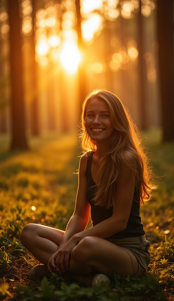 photo of woman, realistic, professional photography, (Sitting cross-legged on the floor with hands resting on the knees, head tilted slightly with a gentle smile:1.2),Sunset in the Forest,The sun hides behind the trees, bathing the surroundings in golden and orange hues. The leaves shine with vibrant greens, and shadows stretch across the ground. The light is soft and warm, creating a magical atmosphere. Birds return to their nests, filling the air with their songs.