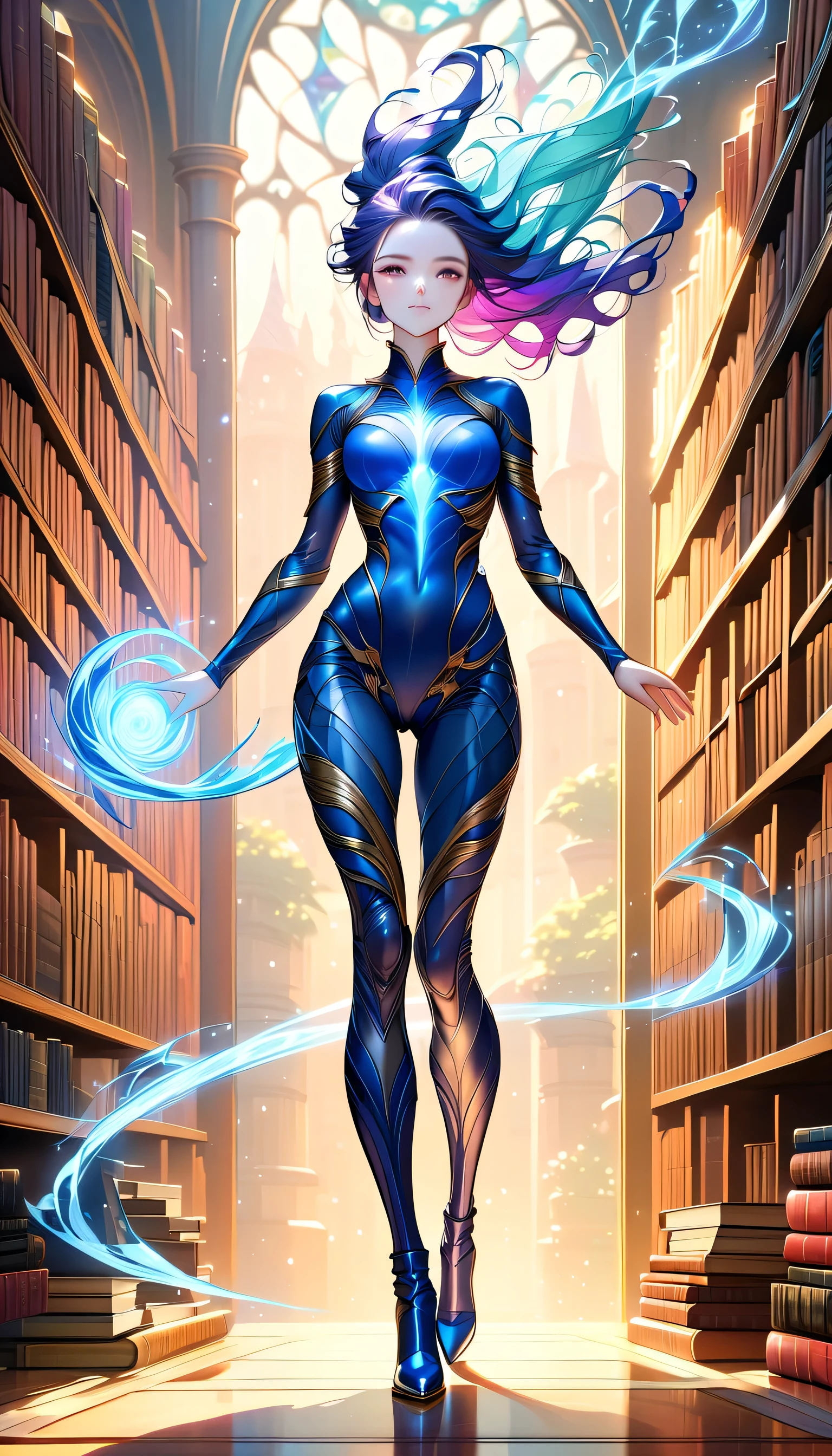 picture of a sorceress casting a spell in magical library, exquisite beautiful woman, dynamic hair color, dynamic hair style, ((full body shot: 1.5)), ((anatomically correct: 1.5)), (ultra detailed face: 1.2), best detailed face, high details, best quality, 16k, ((blue dress: 1.2), (white cloak: 1.3), high heeled boots (ultra details, Masterpiece, best quality) masterpiece, best quality, (extremely detailed), full body, ultra wide shot, (ultra details, Masterpiece, best quality), fantasy art, dnd art, fantasy art, realistic art, (ultra details, Masterpiece, best quality), (ultra details, Masterpiece, best quality), FairyTaleAI, DonMM4g1cXL