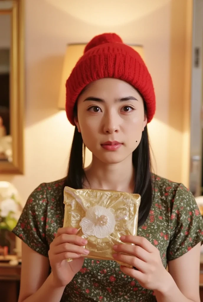 A woman wearing a Santa hat,  holding a present , indoor, Soft light, Sparkly decoration