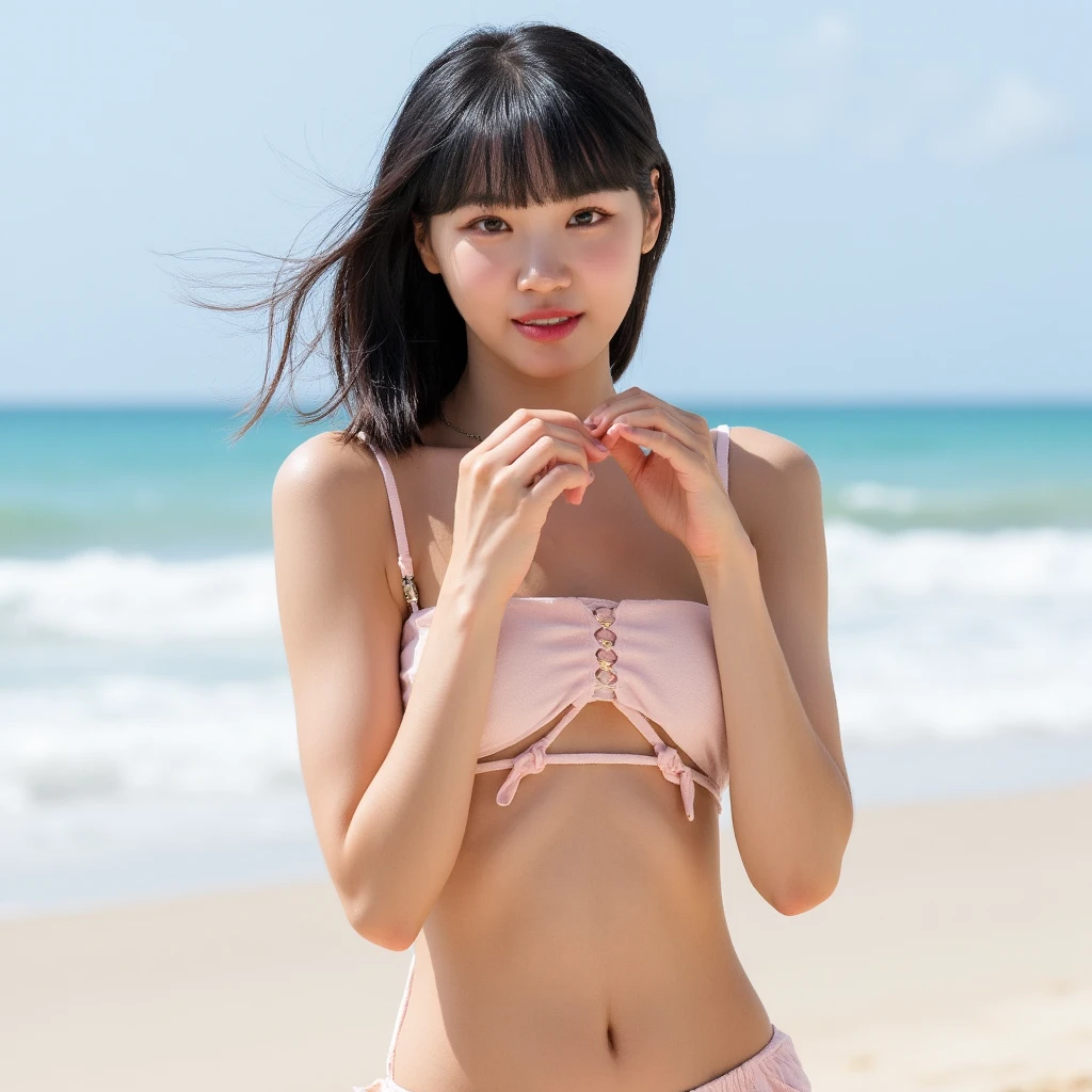 naked，全naked， She has a bombshell body and  、Wearing a bikini ,      pretends to be a fashion model but turns pale, (   beach   ),    beautiful details  ,  face ,風になびく髪, リボン, 