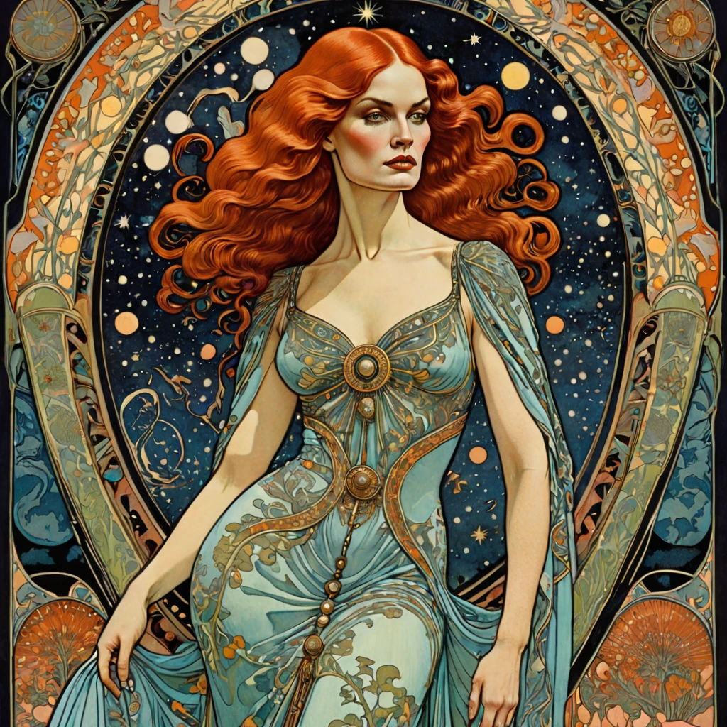 art nouveau masterpiece 1960’s jugendstil tarot full body  psychedelic 70’s dress pastelgoth redhead myla dalbesio anime style drawing a woman and a by Katsuya Terada