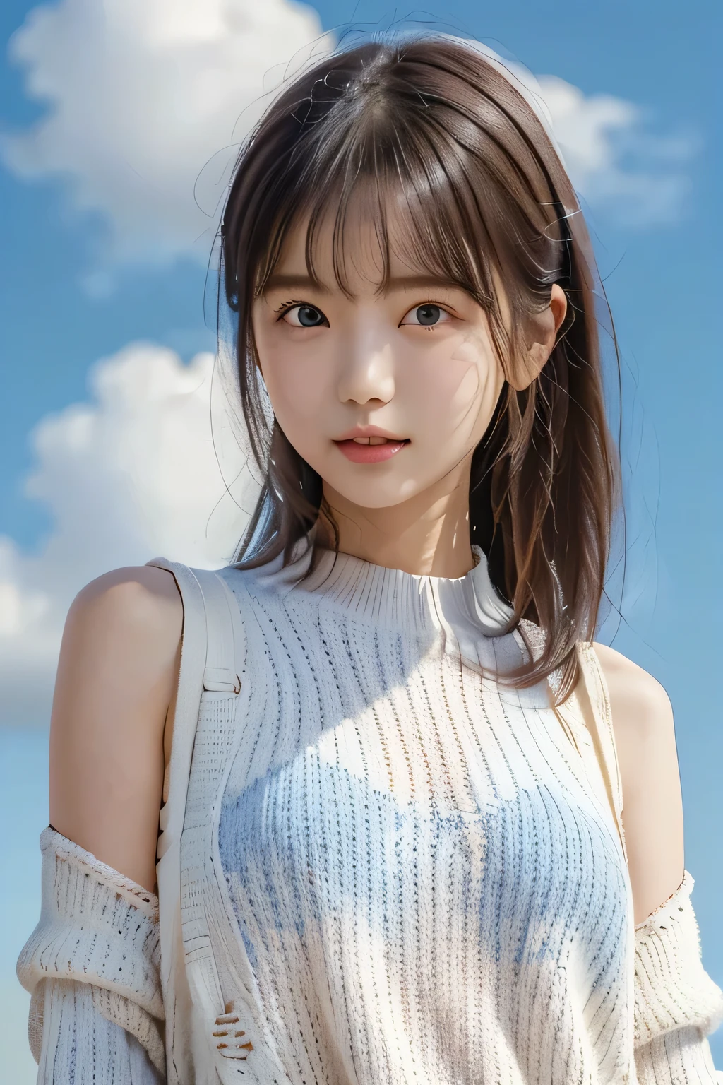 ( emphasis composition with foreground and background)、、(masterpiece、 top quality 、 Super detailed description、 super high res)、(Face Shot:1.3)、 girl、solo、 slim、 slender 、cute、 idol face、、Blue sky background、 wear a white sweater 、 shoulder bag 