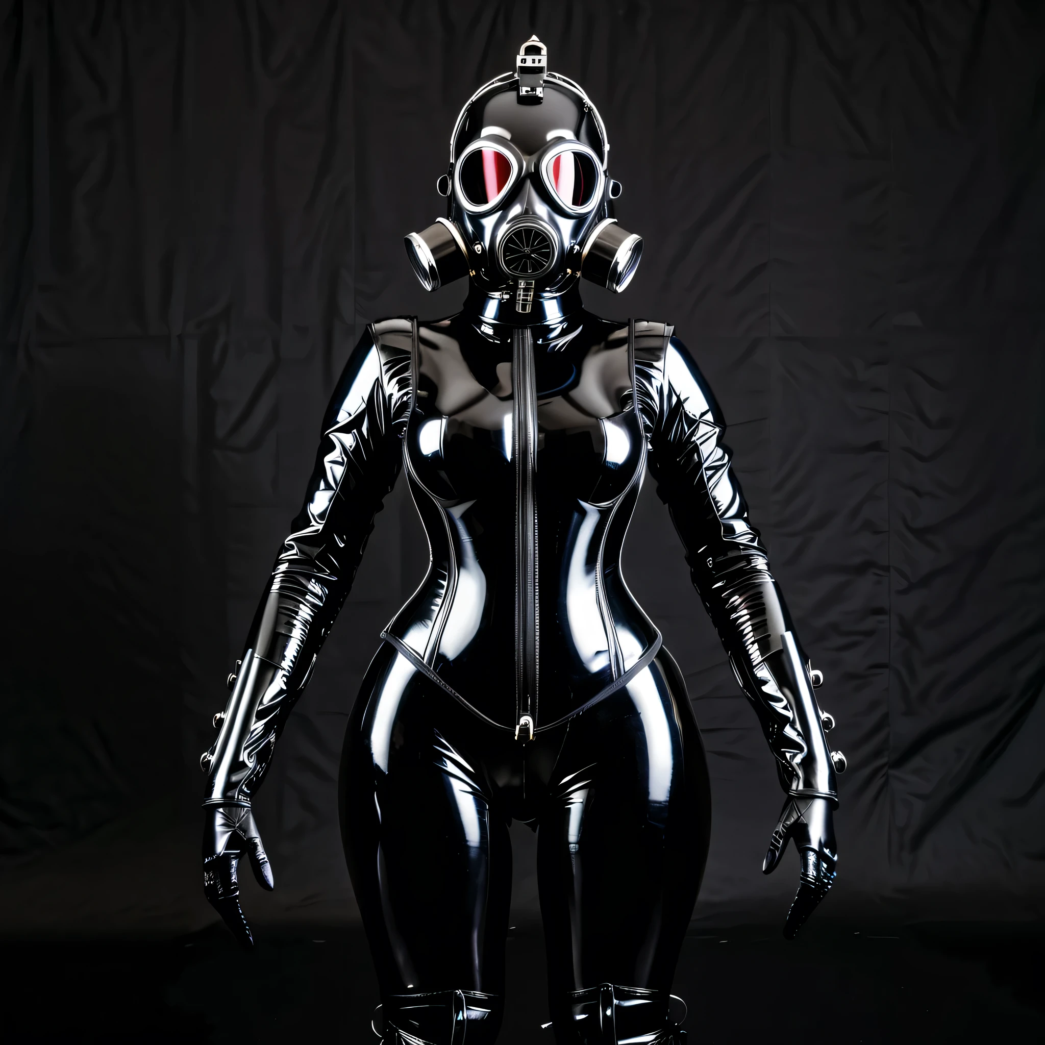 Woman in a black latex suit with gasmask, corset, armbinder