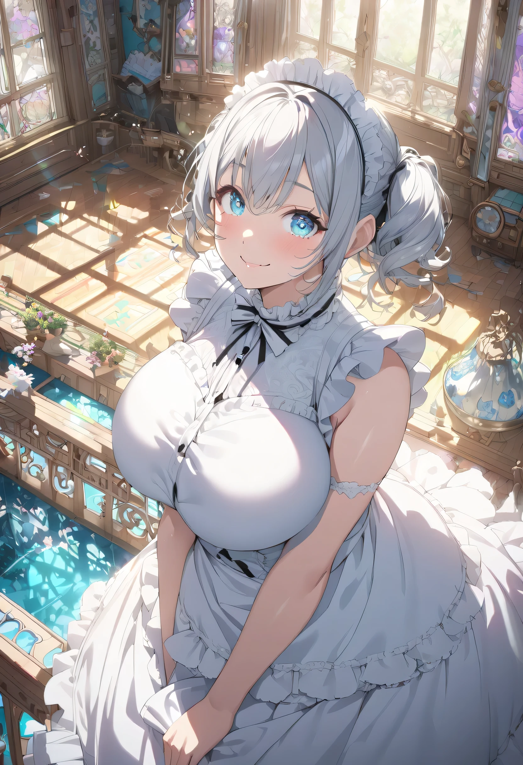 ((moe anime character)),  ((nsfw)),  ((exposed breasts)),  ((ultra-detailed)),   (highly detailed CG illustration),  (best quality:1.2),  ultra-,highly detailed,  colorful composition, artistic photoshoot, 1girl, solo focus,  ((thigh to top:1.4)), ((cowboy shot:1.4)), cute maid girl, dainty facial structure, small baby face, rounded chin, (ideal ratio body proportions), (wearing oval glasses with a lightweight metal frame), in seireigensouki style, wearing a frilly maid outfit,  (silver hair color:1.3), twintail hair, ((blue droopy eyes:1.4)),  pink cheek,  blush,  pale pink lips,  ((curvy upper arm:1.4)),  revealing breastless clothes french maid uniform, maid headdress, pure white lace panties,  look at the viewer as if you were looking at someone you love,  standing by the window in a room decorated in rococo style, portrait, depth of field, soft lighting, sidelighting, (shine), lighting, caustics, ray tracing, (smile), perfect face, lustrous skin, highly  detailed face, highly detailed eyes, perfect face, perfect nose, perfect hair, perfect eyes, perfect anatomy, beautiful hair, beautiful small face, extremely detailed face, beautiful detailed eyes, beautiful clavicle, beautiful body, beautiful huge breasts, leavage, breasts squeezed together, equalize the size of the left and right breasts, small pale pink nipples,  beautiful thighs,  beautiful legs, beautiful fingers, lovely, (very detailed background:1.0), (highly detailed background:1.0), spring aesthetic, intricate details, joyful atmosphere, spring colors palette, chromatic aberration