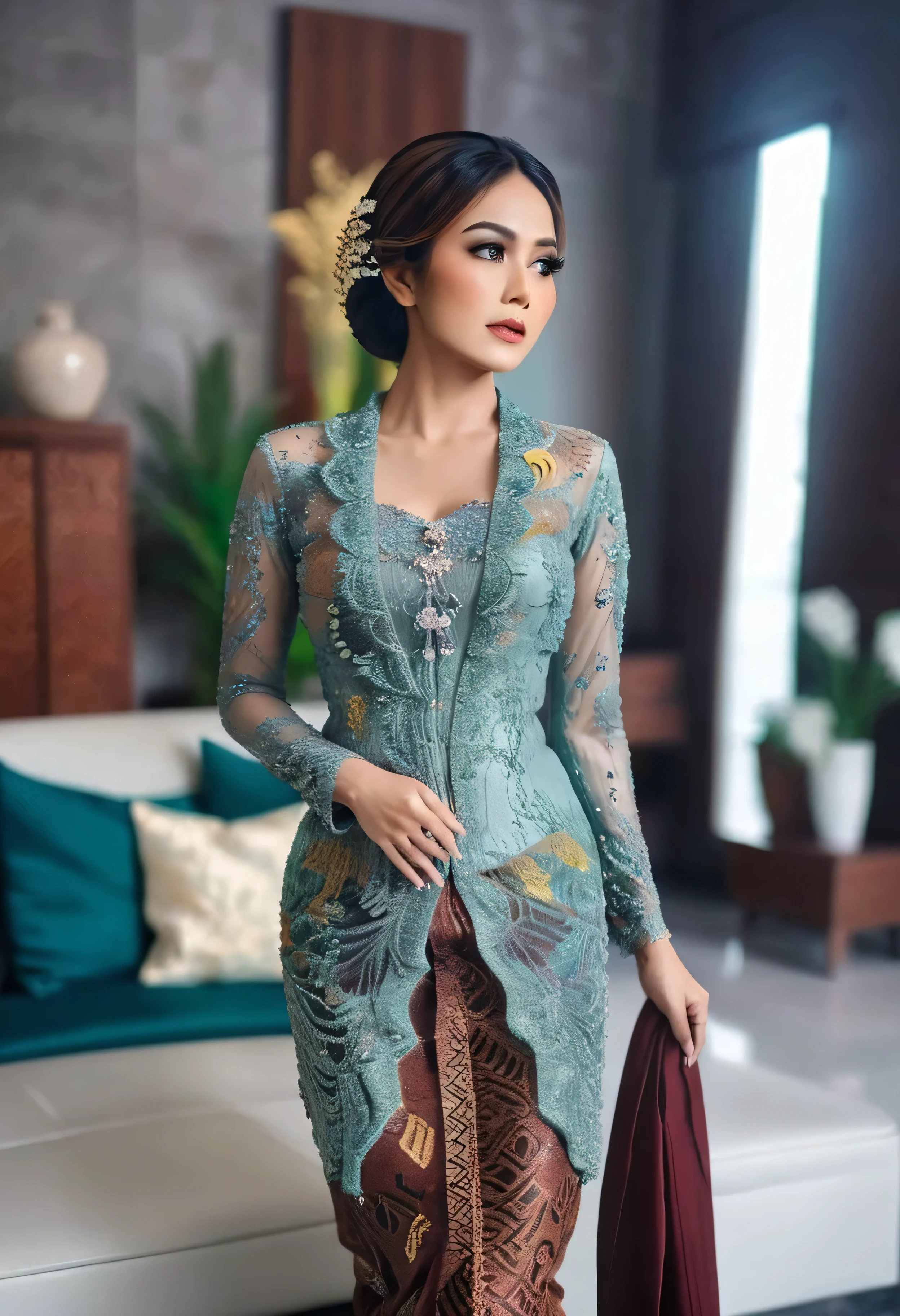 A woman in the glamour kebaya, full body,mermaid tight long kebaya, flowy dramatic long kebaya,very long flor length gown, tall women, in sofa office room, sexy face,sexy pose, masterpice, hyper realistic, realistic lightning, Ensure that the image is photorealistic and of top-quality 8K HDR, capturing every intricate detail of the scene.,kebaya,kebaya indonesia,p3rfect ,cleavage