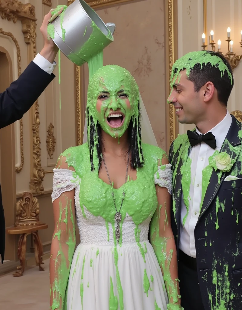 Wedding photograph. Ecuadorian teen covered in green water. Photorealistic. Wet liquid. Nasty slime. Raw photo. Wearing white wedding dress. Wearing wedding veil. Cleavage. Inside castle. Ornate royal castle. Green Slime. Dripping green goo. 18 years old. Wet green liquid. (Man in tuxedo pours silver bucket of green liquid onto her head: 1.2). Shouting. Screaming. Wedding photography. Ecuadorian teen girl. Detailed skin.