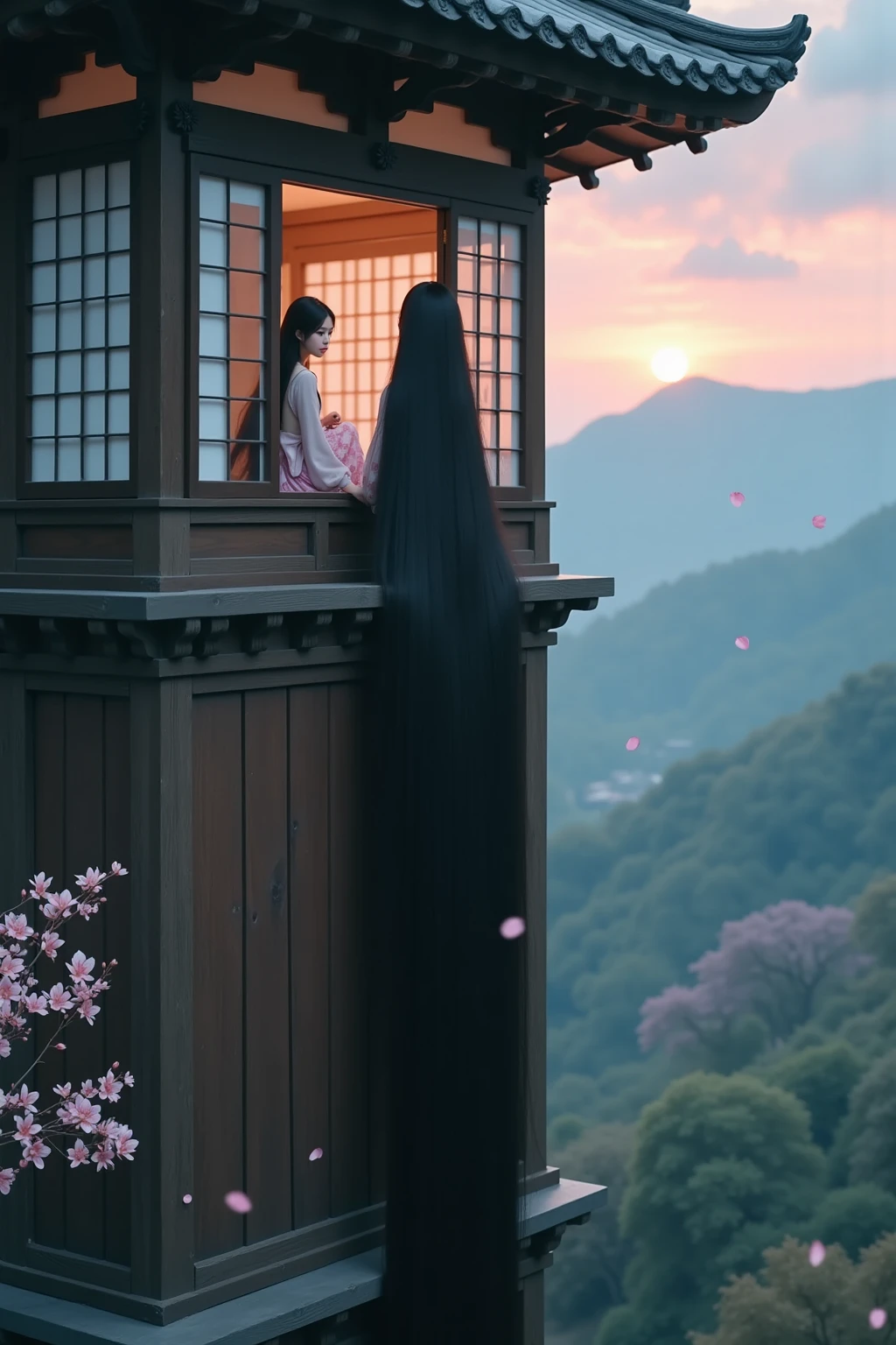 A cinematic, realistic image of Japanese Rapunzel sitting on her tower window looking out, her very long hair trailing far down the side of the tower.