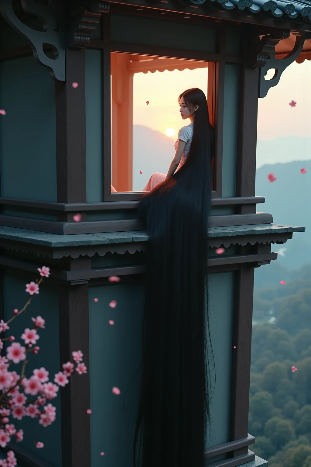 A cinematic, realistic image of Japanese Rapunzel sitting on her tower window looking out, her very long hair trailing far down the side of the tower.