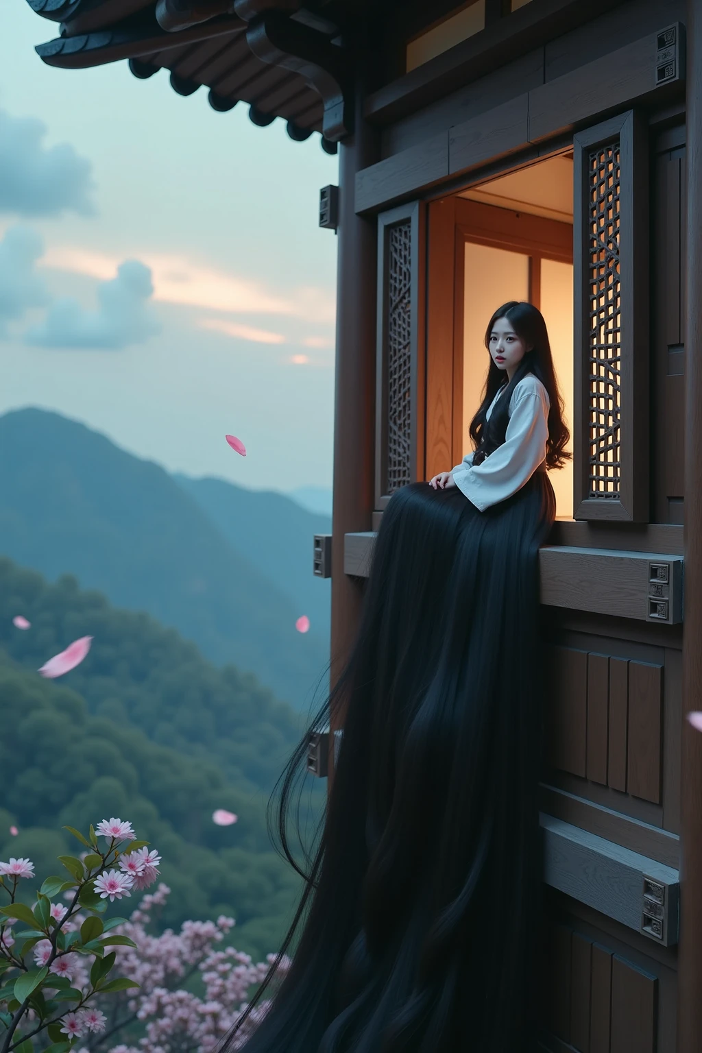 A cinematic, realistic image of Japanese Rapunzel sitting on her tower window looking out, her very long hair trailing far down the side of the tower.