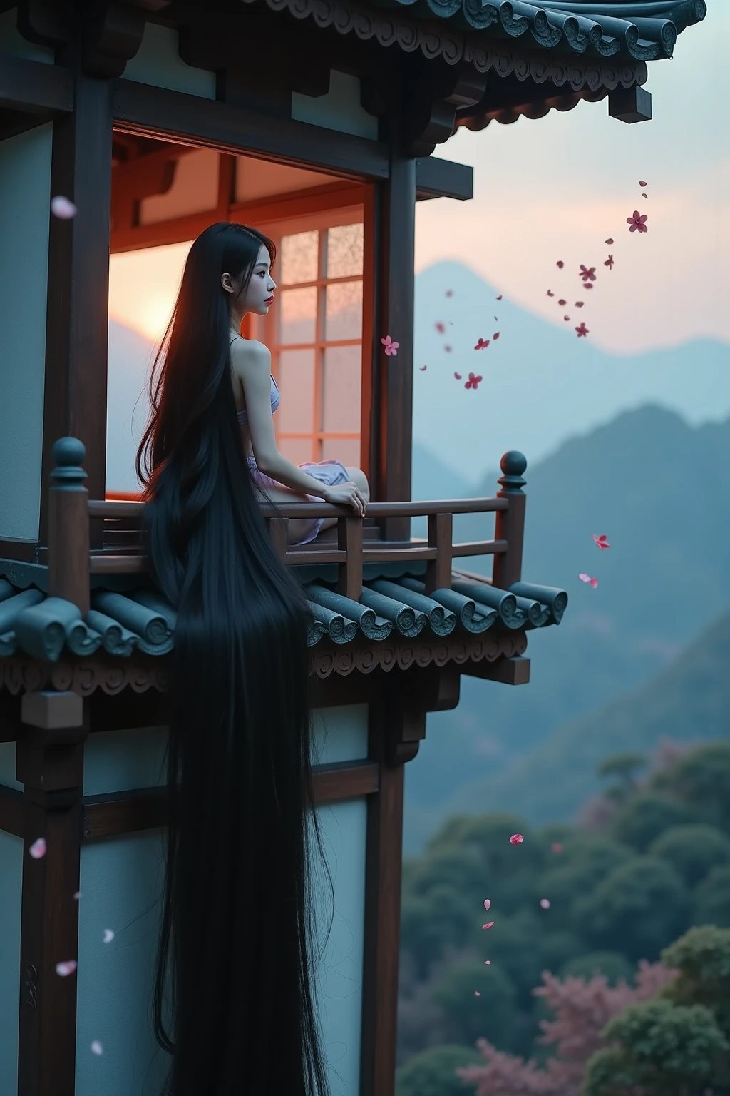 A cinematic, realistic image of Japanese Rapunzel sitting on her tower window looking out, her very long hair trailing far down the side of the tower.