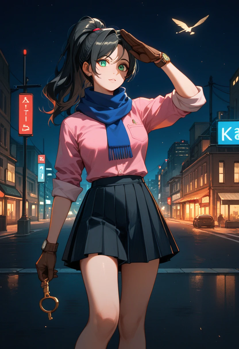 masterpiece,  top quality , Alone,  One girl , Kay Faraday , Green,  Watch Viewers,  standing,  puts her hand on her waist,  two-finger salute,  long hair,  black hair,  high ponytail,  hair accessories, key,  green eyes,  two-sided fabric that closes ,  pink shirt,  rolled up my sleeves,  brown gloves, black skirt,  pleated skirt,  miniskirt,  knee-high,  blue scarf,  outdoors on the street at night,   knight , rooftop, city, street
